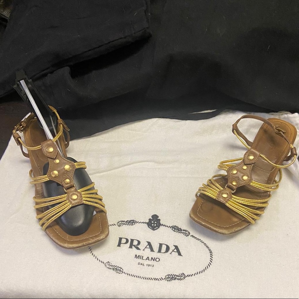 Prada Brown Sandals with Gold Straps - Picture 1 of 6